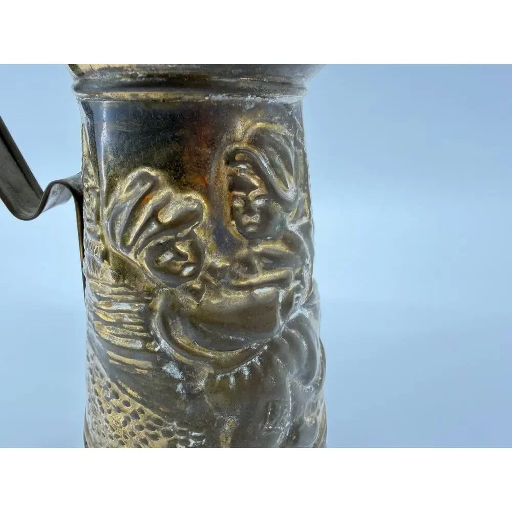 Vintage England Brass Pitcher Jug Embossed Dutch Couple Decorative Vase